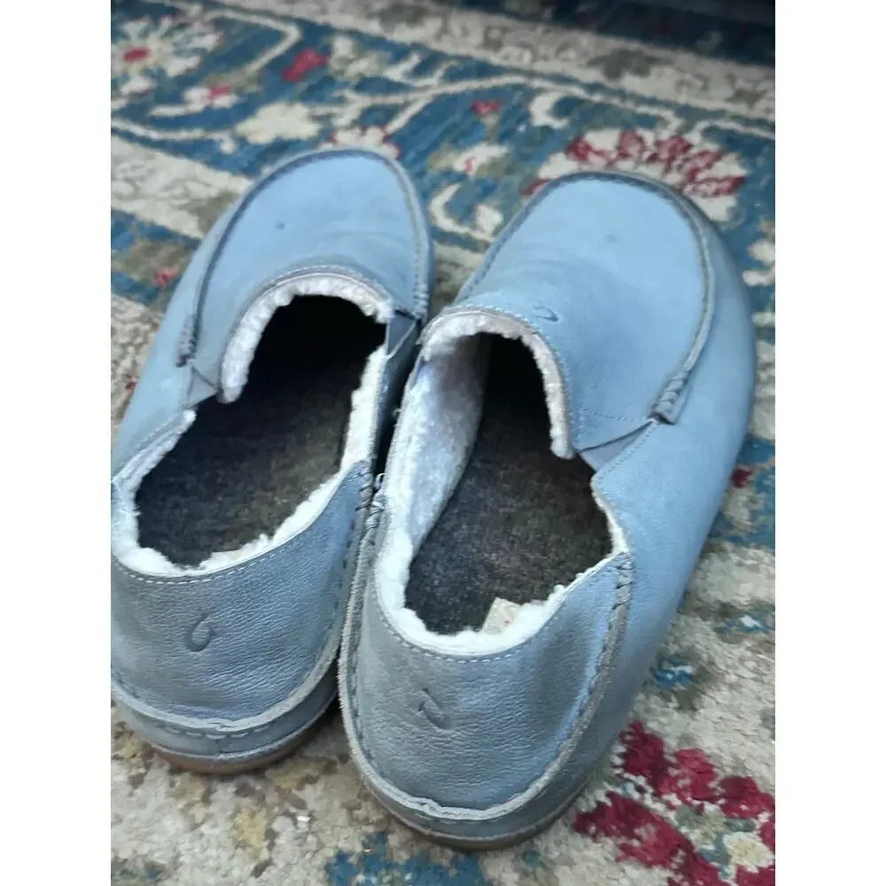 Olukai Men's Gray Genuine Leather Shearling Moloa Slippers Loafer Shoes Size 14
